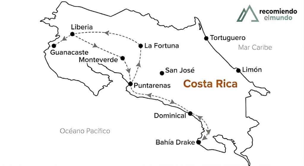 Mapa del itinerario de ruta por Costa Rica en 12 dias por libre
