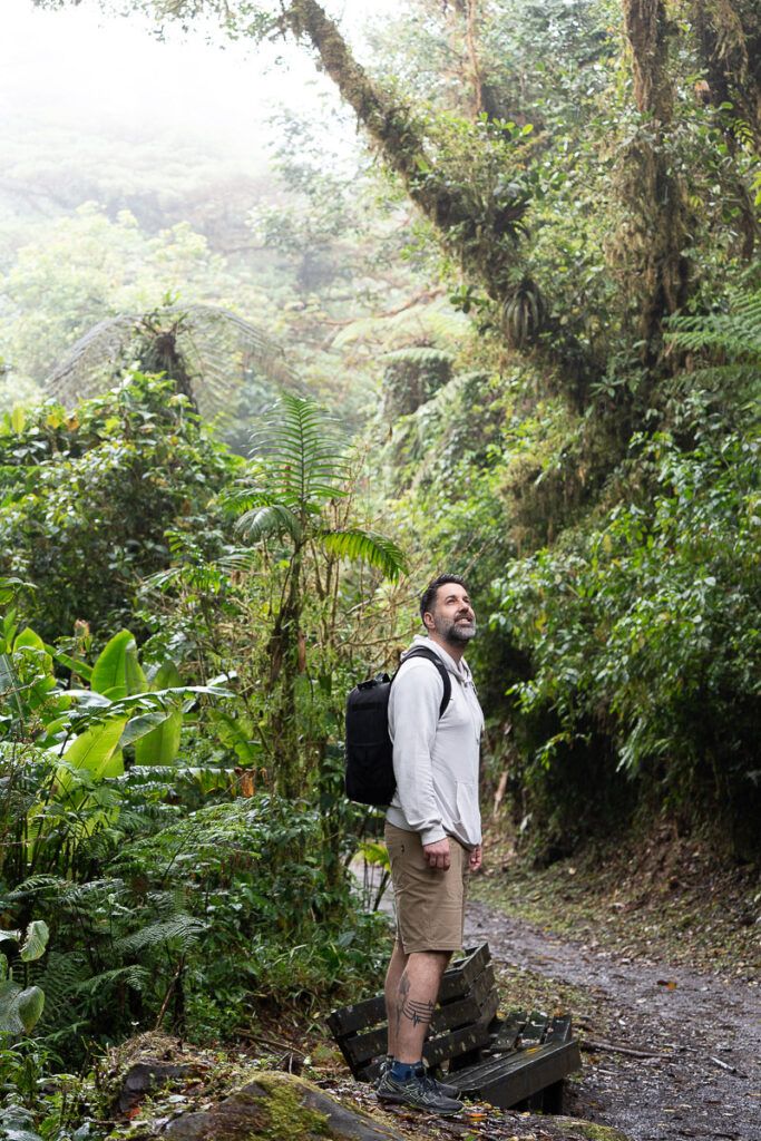 Senderista recorriendo los frondosos senderos del Bosque Nuboso de Monteverde